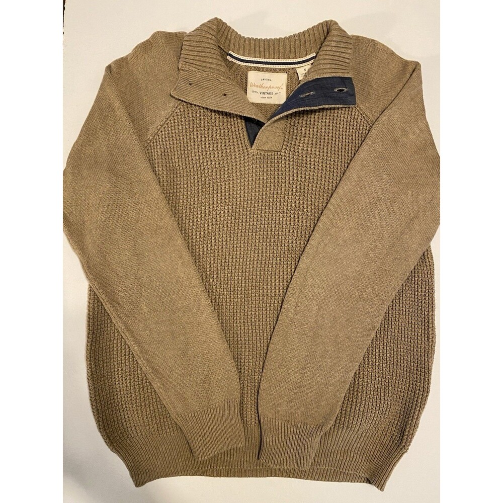 Men’s Weatherproof Vintage Henley Sweater Size Small S Khaki Tan Pullover cotton